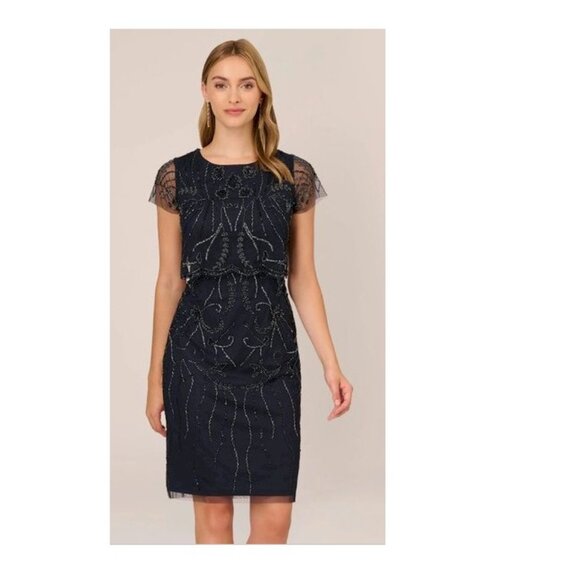 Adrianna Papell Beaded Embellished Overlay Dress Navy Blue Size 4 NWT - Picture 3 of 14